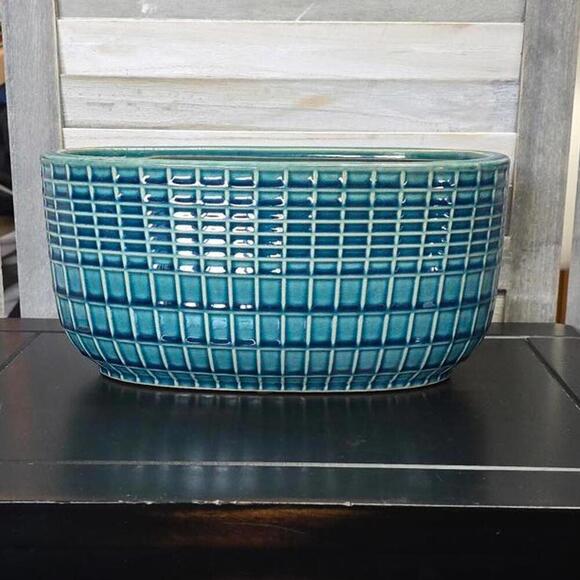 Urban Trends Ceramic Low Pot Oval | Teal - Picture 1 of 9